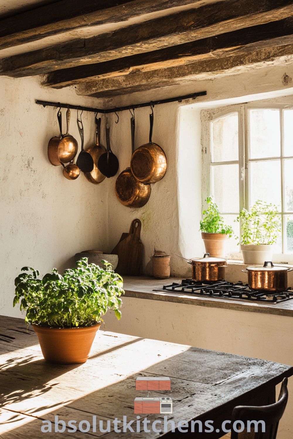Cozy French kitchen featuring creamy plaster walls, rustic wooden beams, a farmhouse table with fresh herbs, and hanging copper pots, showcasing unique decor ideas that inspire a warm, inviting atmosphere for your home at absolutkitchens.com.