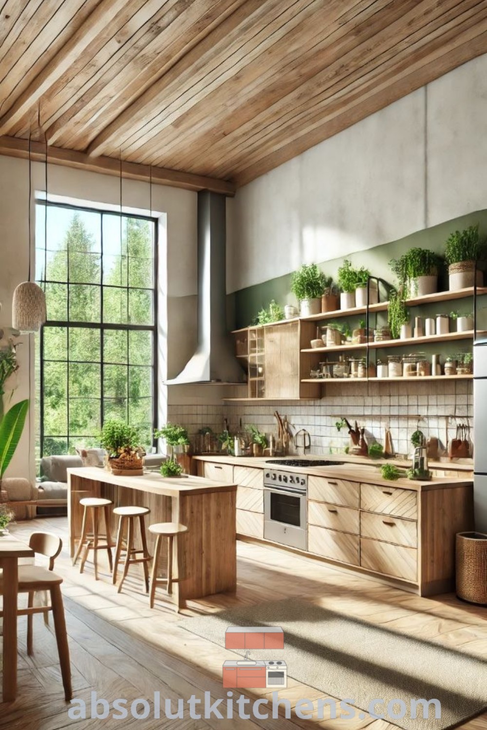 A beautifully designed eco-friendly kitchen with wooden floors and potted plants, showcasing sustainable kitchen design ideas perfect for a cozy aesthetic. This inspiring space offers earth tone decor ideas for small apartments, blending functionality with eco-friendly interior design. Explore more at absolutkitchens.com.