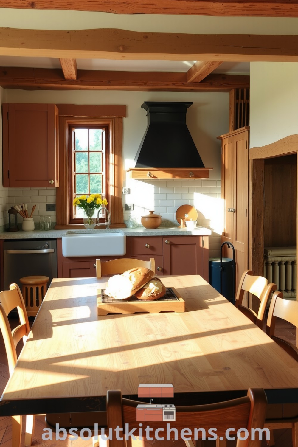 Cozy French kitchen featuring rustic wooden cabinetry, stone countertops, and sunlight streaming through tall windows, highlighting a farmhouse table and freshly baked bread, ideal for cozy home design ideas at absolutkitchens.com.