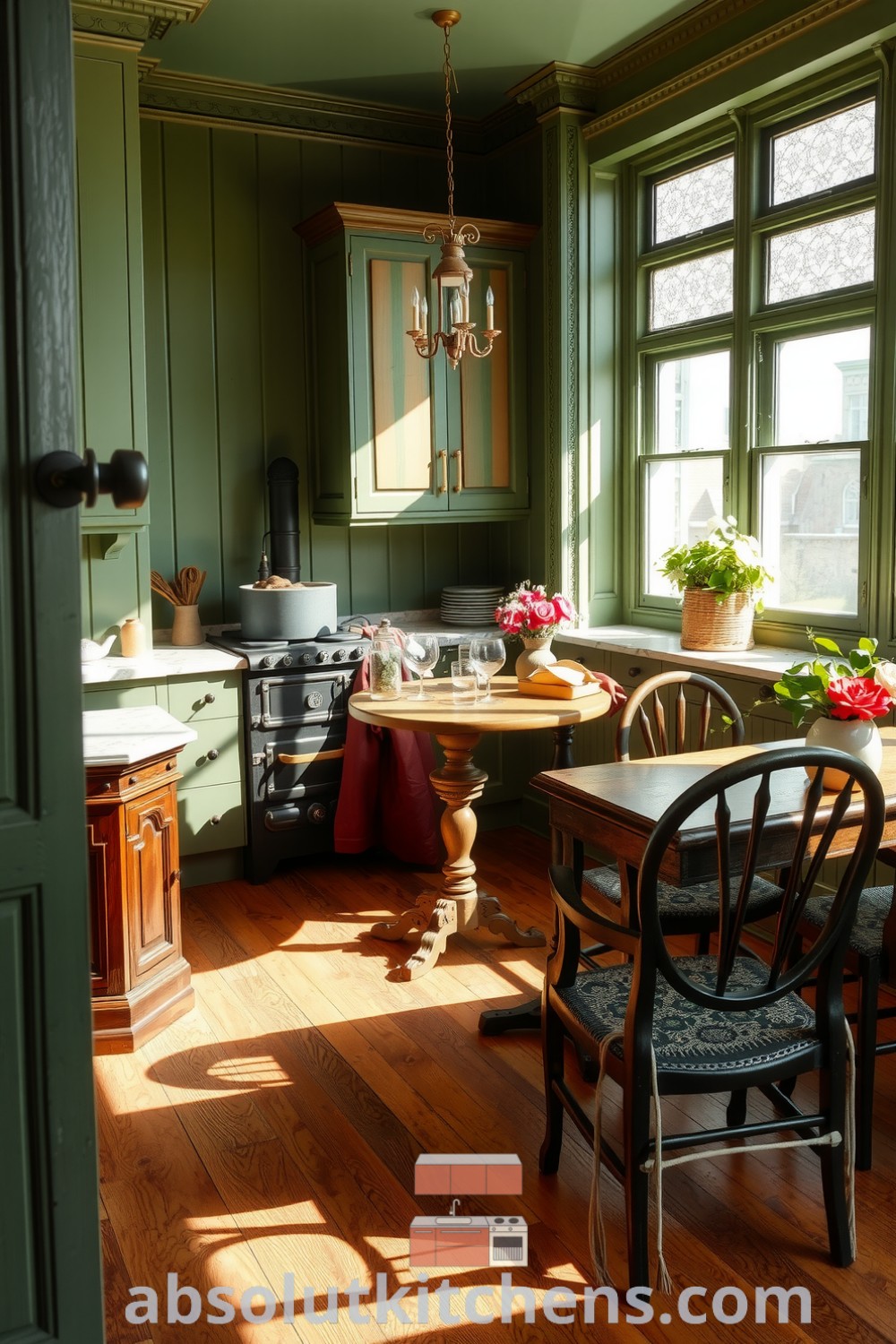 Cozy Victorian kitchen design featuring green walls, wooden cabinets, polished marble countertops, an ornate cast iron stove, and an antique wooden table surrounded by mismatched chairs, ideal for inspiring decor ideas for a cozy home at absolutkitchens.com.