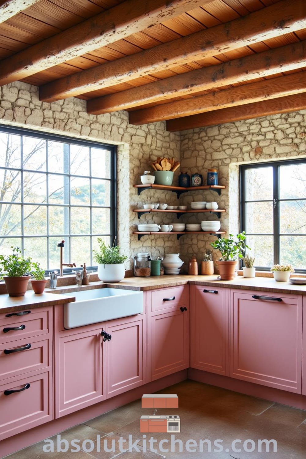 Rustic kitchen with soft pink tones, natural wood beams, textured stone walls, and butcher block countertops, enhanced by sunlight illuminating ceramic bowls and jars, offering cozy ideas and inspiring design ideas for your home at fireplacesandwoodstoves.com.