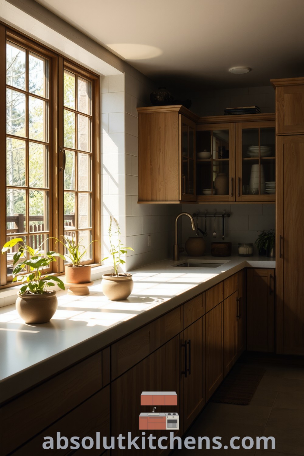 Cozy nature-inspired kitchen featuring smooth stone countertops, driftwood cabinetry, and thriving plants in handmade pots, ideal for creating a nurturing and warm atmosphere for meals and gatherings on absolutkitchens.com.