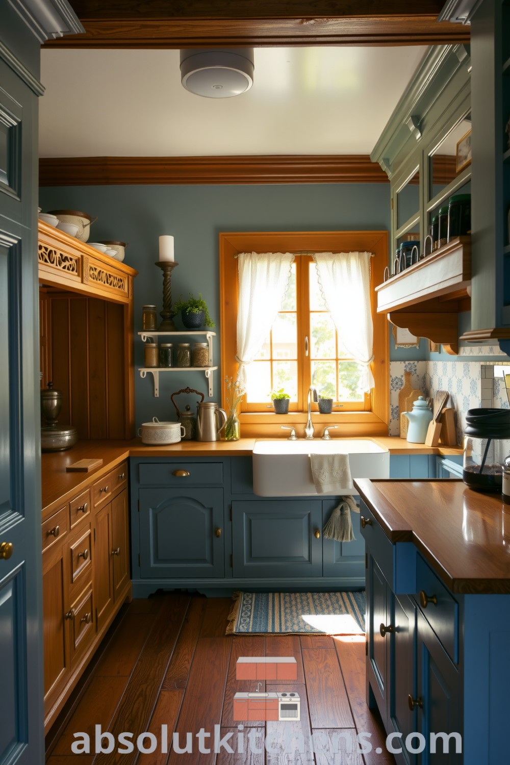 Cozy Victorian kitchen featuring blue walls, rustic wooden beams, intricately carved cabinetry, and a farmhouse sink, with herbs and spice jars creating a warm and inviting atmosphere at absolutkitchens.com.