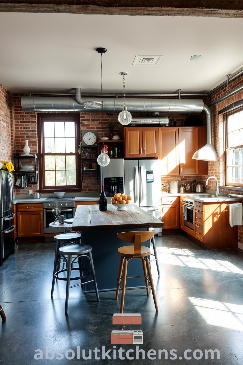 Cozy industrial kitchen design featuring exposed brick walls, polished concrete floor, stainless steel appliances, and wooden cabinetry, showcasing unique decor ideas and inspirations for a cozy home at fireplacesandwoodstoves.com.