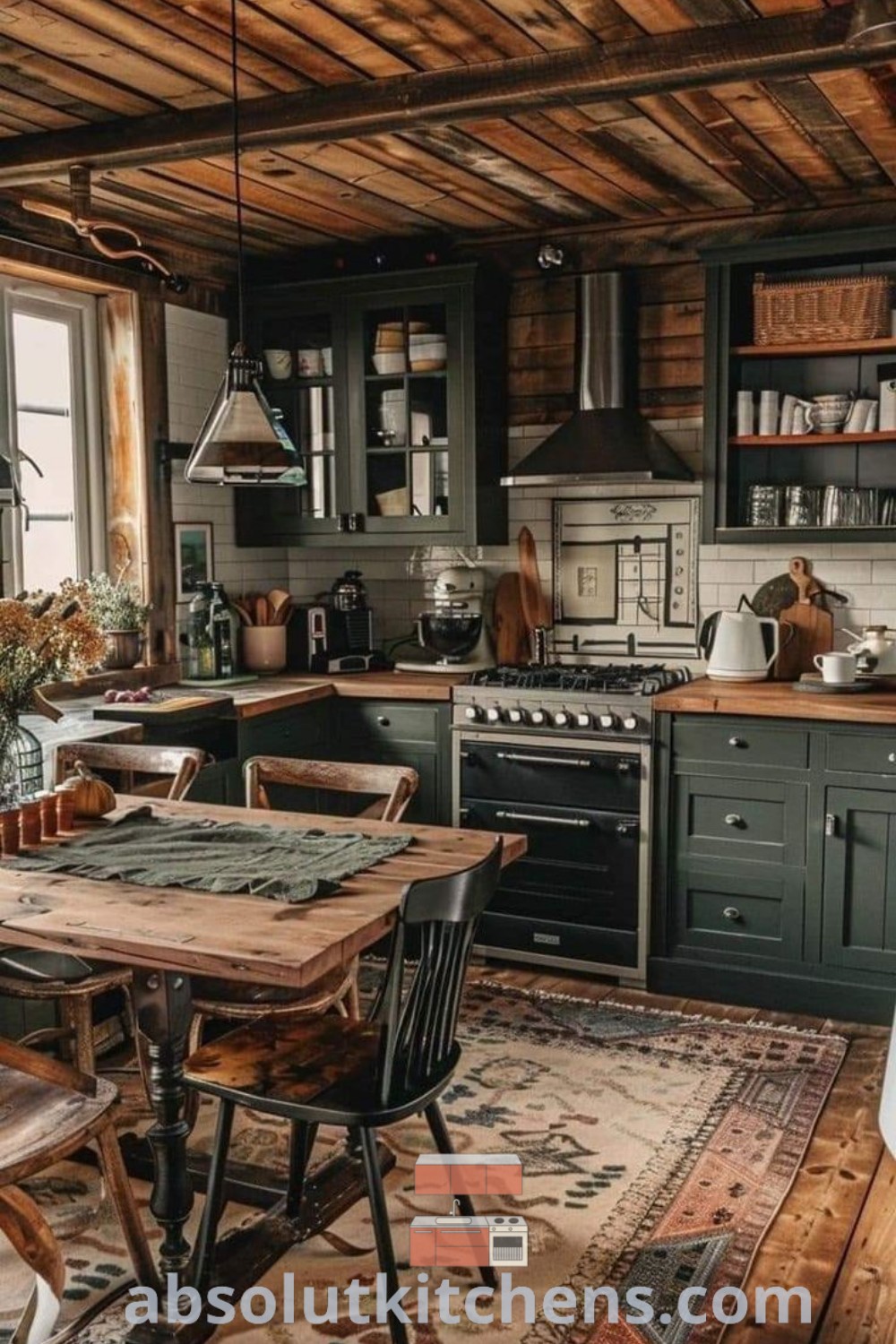 A cozy Boho kitchen showcasing rustic decor ideas with vibrant colors and natural materials, designed for dream house rooms. Features include charming cabin kitchens elements, perfect for inspiring decor for small spaces. This inviting kitchen combines functionality with a cozy aesthetic for modern living. Explore more ideas at absolutkitchens.com.