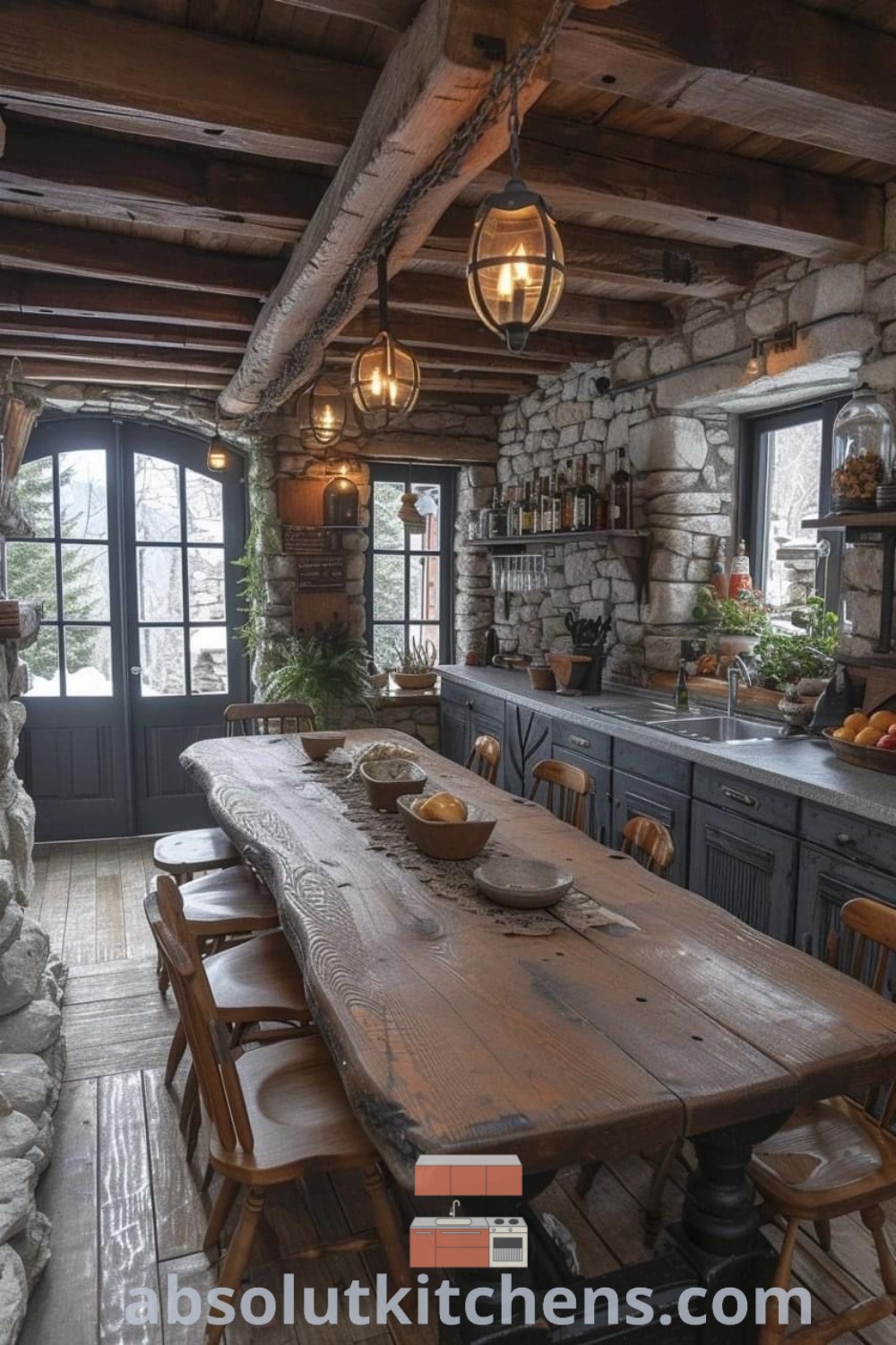 A cozy old rustic kitchen with stone walls, wood flooring, and a large wooden table surrounded by chairs, embodying farmhouse kitchen island ideas and rustic home design. Perfect for creating a warm, welcoming atmosphere for family gatherings. Explore inspiring decor ideas and design trends at absolutkitchens.com.