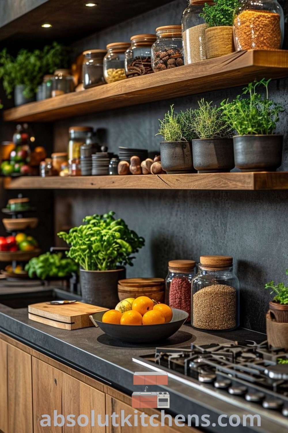 A modern Scandinavian kitchen shelf filled with herbs, spices, and whitewashed wood, showcasing cozy kitchen shelf ideas for small spaces. This decor emphasizes functionality with rattan baskets for organization, offering inspiring design tips from absolutkitchens.com.