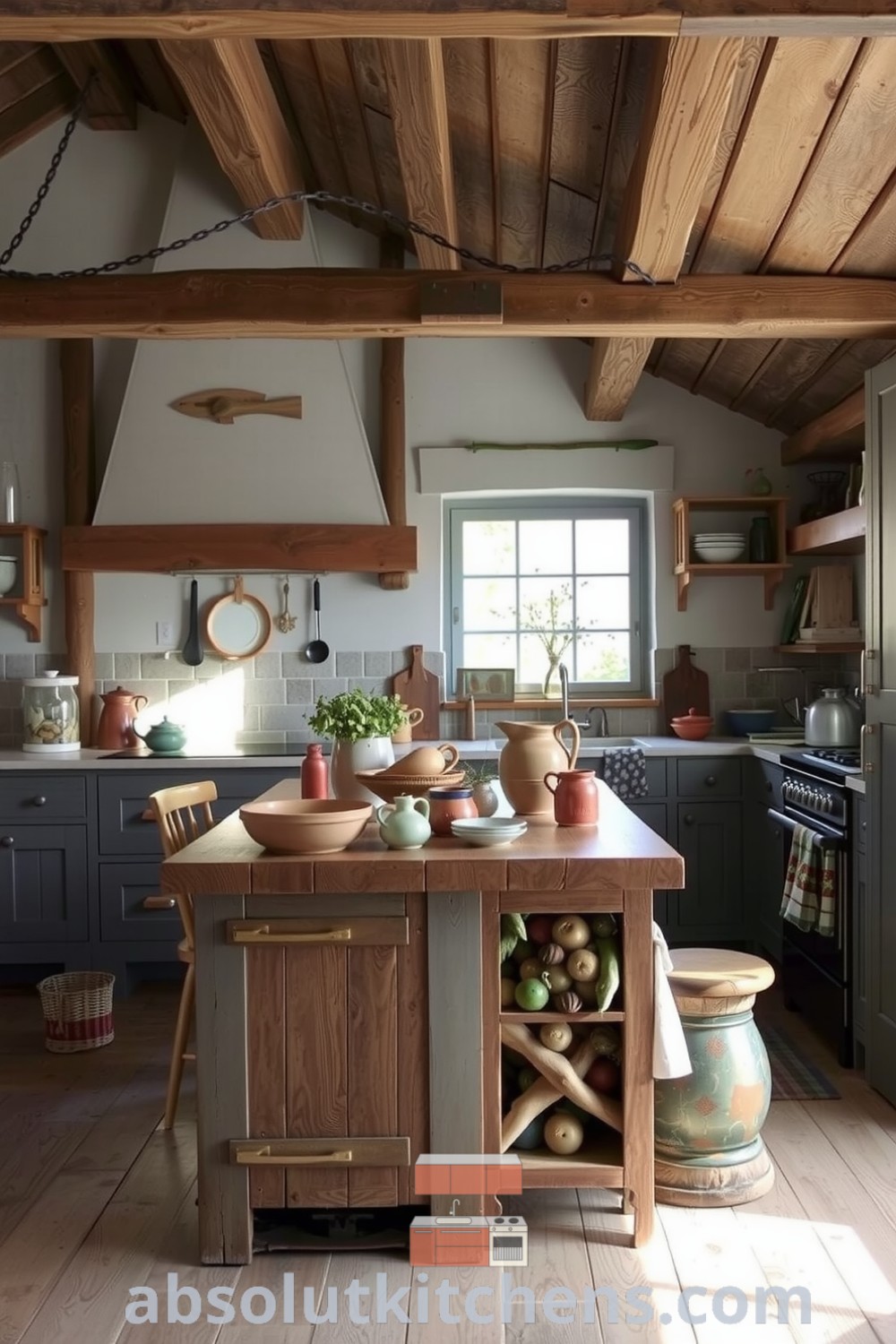 Cozy rustic kitchen featuring weathered wood and stone elements, reclaimed timber island, hand-thrown pottery, and herbs drying on the windowsill, creating a warm and inviting atmosphere for your home at absolutkitchens.com.