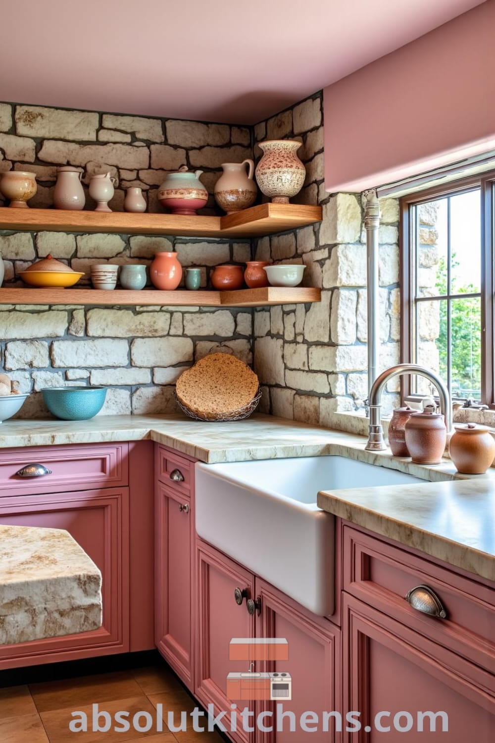 Rustic kitchen with soft pink tones, stone walls, and a wooden farmhouse table, decorated with hand-thrown ceramics and sunlight casting gentle shadows, offering cozy ideas and design inspirations for a warm and inviting home at fireplacesandwoodstoves.com.