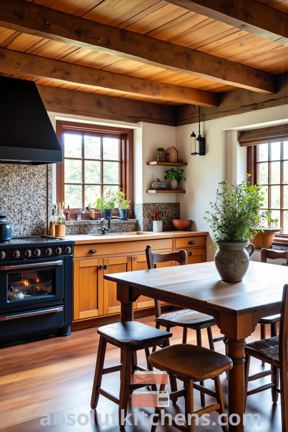 Rustic kitchen featuring blackened wrought iron fixtures, distressed wood cabinetry, a potbelly stove, and a farmhouse table surrounded by mismatched chairs. Sunlight filters through small-paned windows, and a chipped ceramic pot with fresh herbs adds an inviting atmosphere. Visit fireplacesandwoodstoves.com for cozy home decor ideas and inspirations.