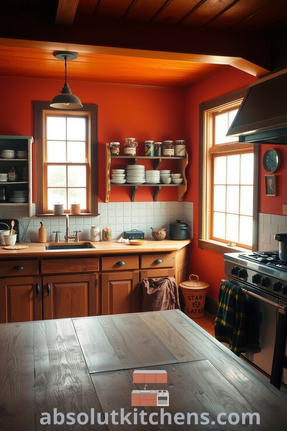 Cozy farmhouse kitchen with orange hues, large windows, distressed cabinetry, a sturdy wooden table, and a simmering cast-iron pot, creating an inviting atmosphere perfect for family gatherings and shared meals. Visit absolutkitchens.com for more cozy design ideas.