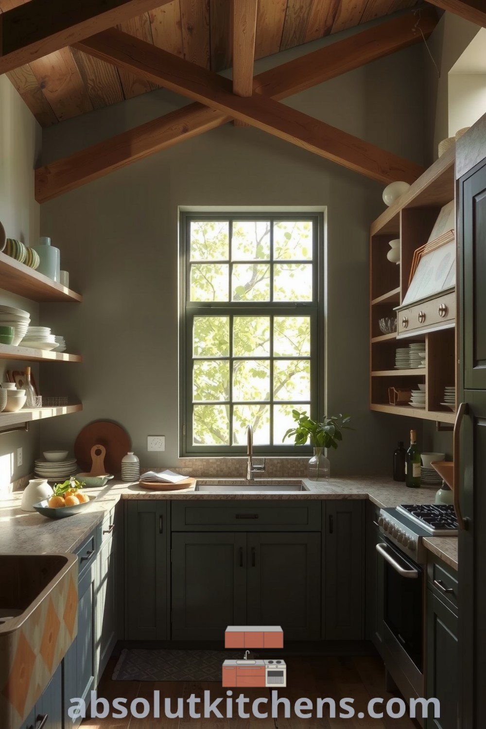 Cozy nature-inspired kitchen with soft shades of green and earthy browns, featuring reclaimed wood beams, rough-cut stone countertops, mismatched ceramic dishes, and a large window framing leafy trees. For more inspiring decor ideas, visit absolutkitchens.com.