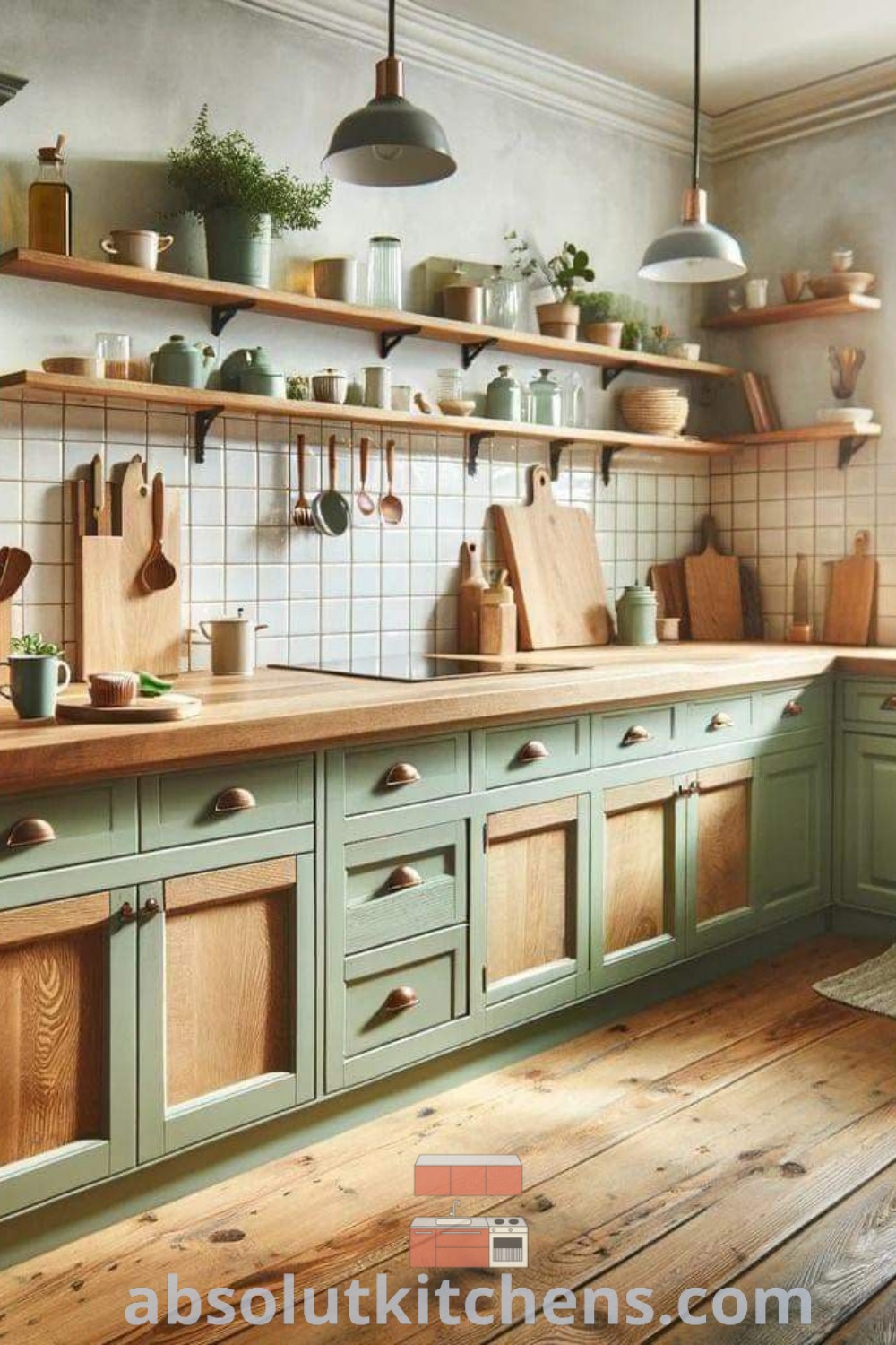 A kitchen featuring sage green cabinets and wooden flooring next to a window, showcasing modern design trends and cozy aesthetic. Ideal for inspiring kitchen redo ideas and showcasing beautiful green kitchen cabinets. Visit absolutkitchens.com for more kitchen inspiration and decor ideas for houses or apartments.