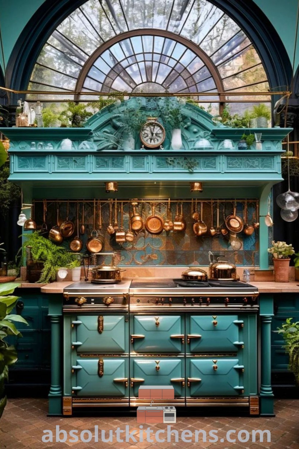 A teal blue kitchen featuring vintage cabinets, gold pots on the stove, and potted plants, providing a cozy aesthetic and practical magic. This gothic kitchen decor blends style with functionality, ideal for house or apartment design trends. Discover more inspiring kitchen ideas at absolutkitchens.com.