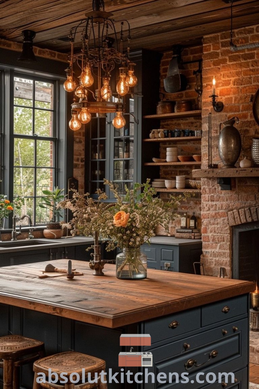 A rustic kitchen with brick walls, warm wood flooring, and a large center island surrounded by stools, showcasing design trends that inspire cozy and functional spaces. Explore charming brick house kitchen ideas and find unique decor ideas for houses or apartments at absolutkitchens.com.