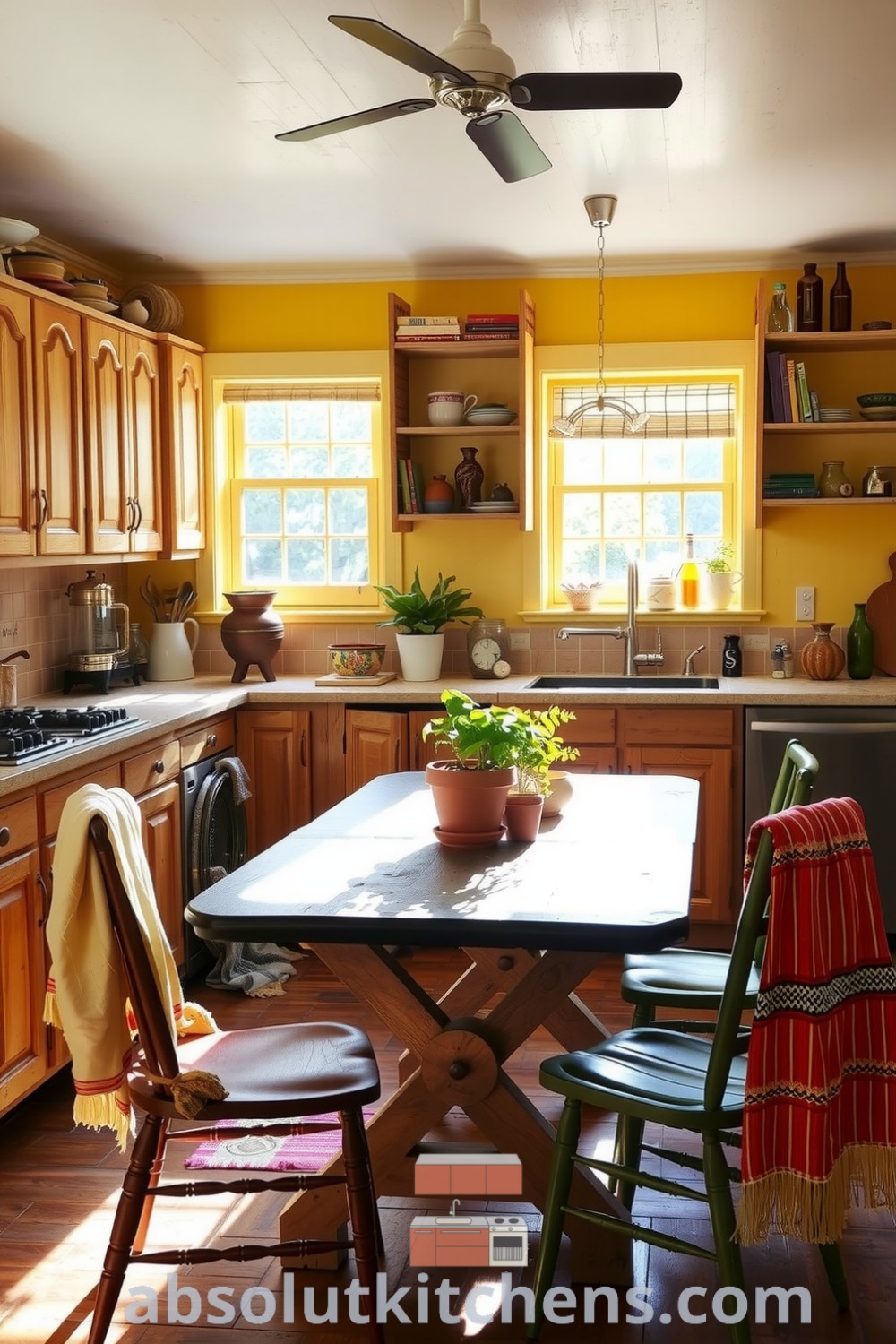 Cozy Boho kitchen with weathered wooden cabinetry in warm yellow tones, mismatched dining chairs adorned with handwoven textiles, and a rustic table bathed in sunlight. Terracotta plants add freshness to the inviting decor, making it a perfect example of cozy home design ideas. Visit absolutkitchens.com for more unique decor inspirations.