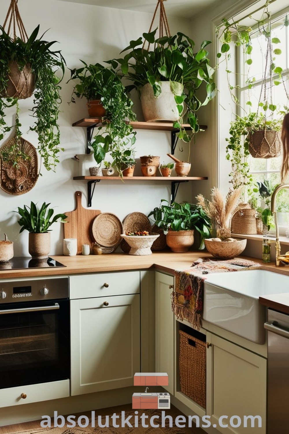 A cozy kitchen filled with potted plants on wooden shelves beside a window, showcasing green and terracotta themes. This earthy kitchen decor illustrates design trends and offers uplifting earth tone kitchen ideas for your home. Find more decor inspirations at absolutkitchens.com.