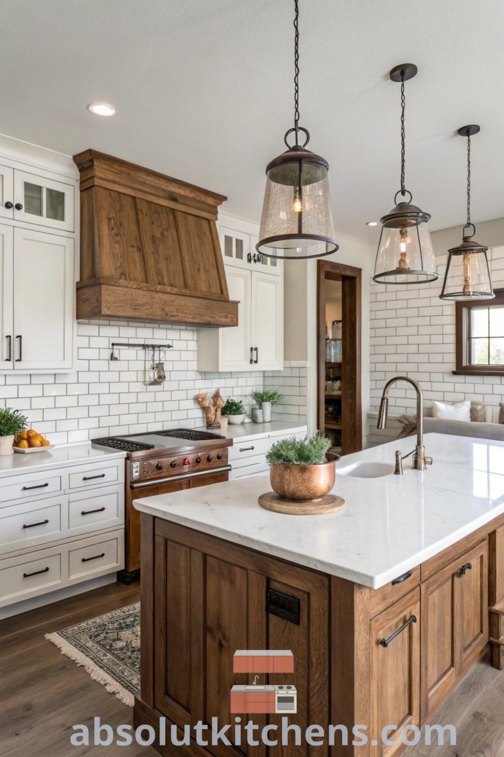 A beautifully designed farmhouse kitchen featuring an island with a sink and oven at its center, showcasing rustic and modern elements. This inspiring space provides unique farmhouse kitchen ideas and decorating tips that enhance its cozy aesthetic. For more design trends, visit absolutkitchens.com.
