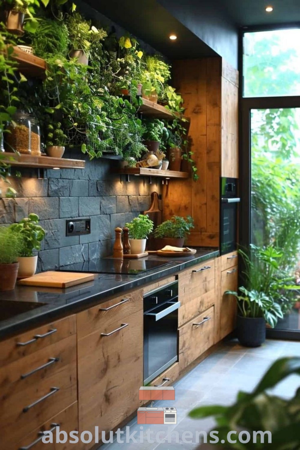 A green industrial kitchen featuring abundant plants and wooden cabinets by a large window, showcasing Zen kitchen ideas and colorful modern home design trends. This inspiring space offers cozy decor ideas for small spaces, making it ideal for house or apartment settings. Discover more design tips and decor inspiration at absolutkitchens.com.