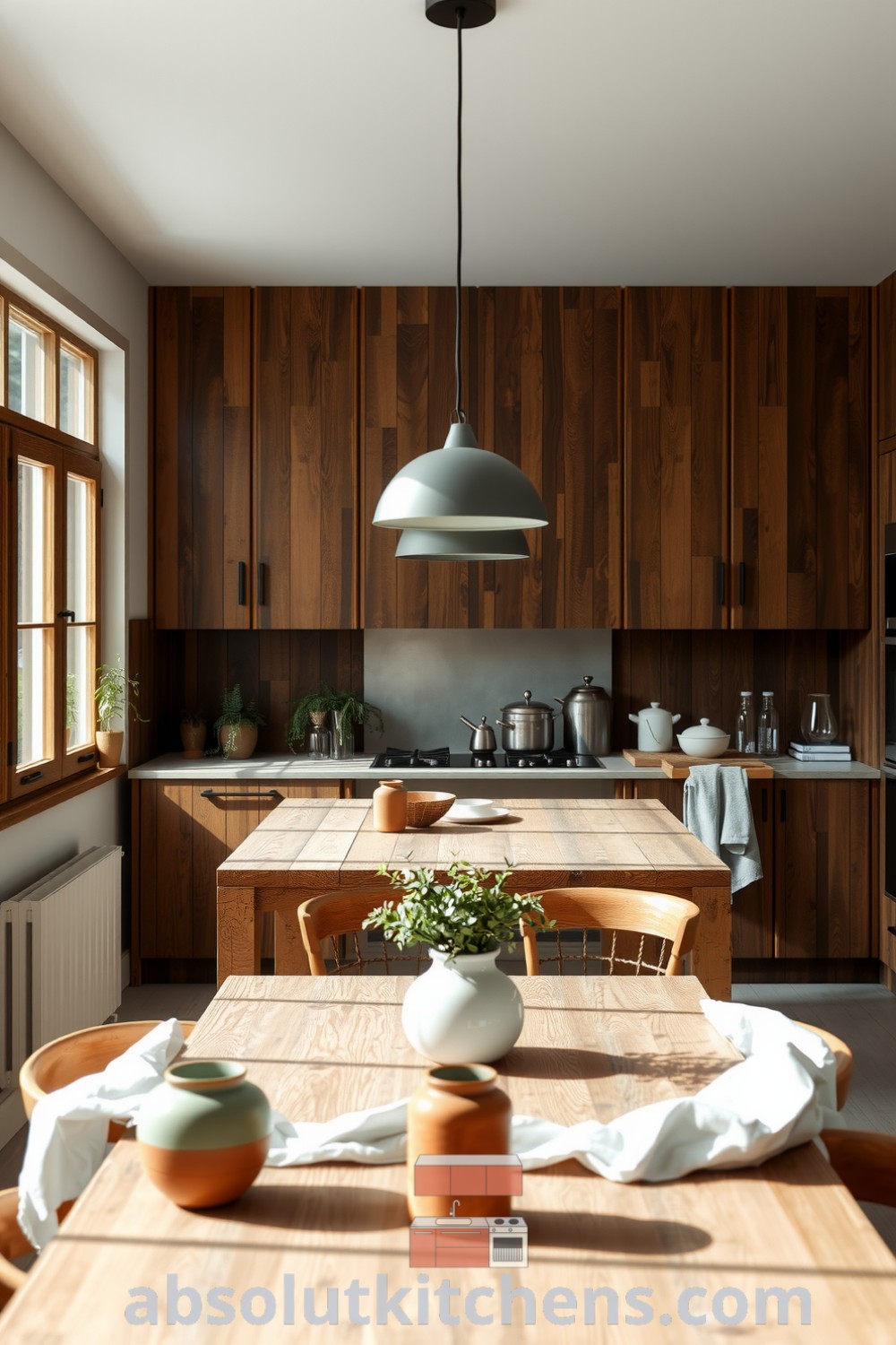 Scandinavian kitchen design featuring earthy brown tones, large windows, a reclaimed wood island, minimalist pendant lights, and herbs in terracotta pots, showcasing cozy ideas for your home at fireplacesandwoodstoves.com.