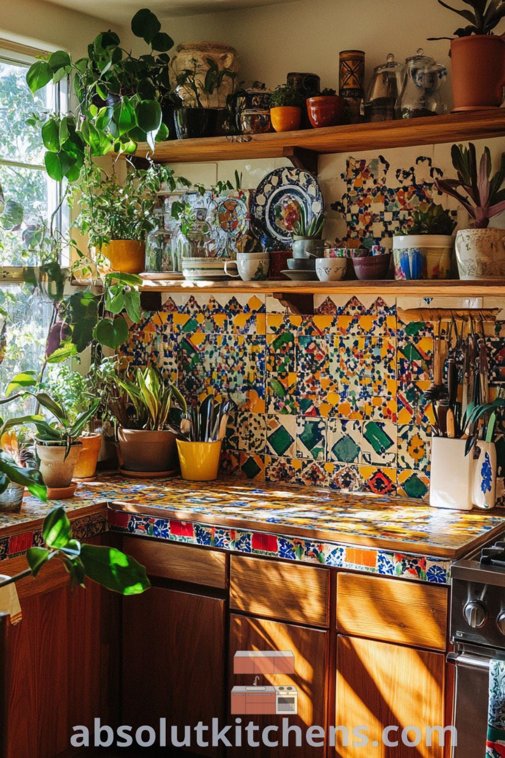 Bohemian Kitchen design on absolutkitchens.com featuring natural wood cabinets, colorful ceramic tiles, and cozy kitchen decor ideas for small spaces.