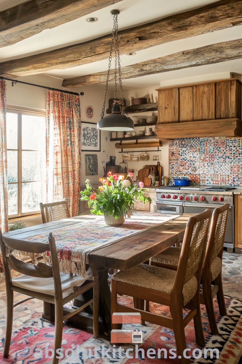 Cozy Bohemian kitchen scene on absolutkitchens.com with earthy tones, mismatched chairs, and rustic kitchen decor ideas that create a warm atmosphere.