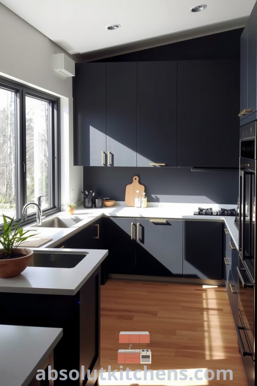 Modern black kitchen with sleek cabinetry, expansive stone countertop, wooden accents, and natural light from a large window, featuring inspiring decor ideas, cozy elements, and potted plants for a vibrant and inviting home atmosphere. Visit fireplacesandwoodstoves.com for more decor inspirations.