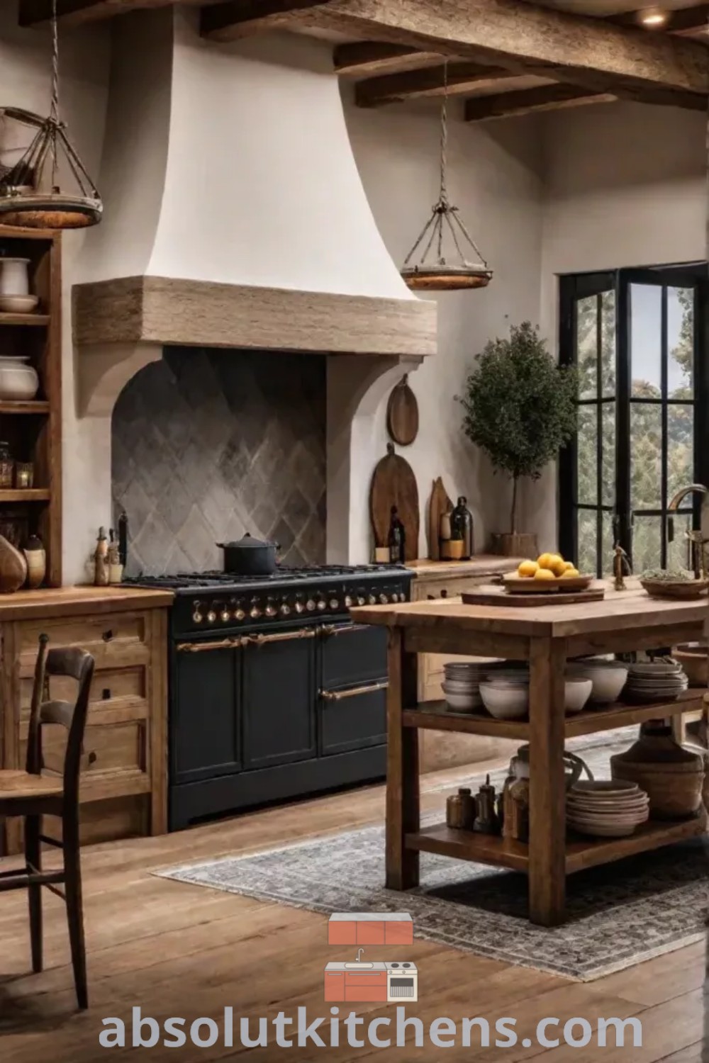 A large kitchen with an island in the center, showcasing a Traditional French Country Home design with elegant French range hoods and stylish decor elements. This space illustrates cozy aesthetic and design tips perfect for kitchen remodeling. Explore more kitchen ideas for your home at absolutkitchens.com.