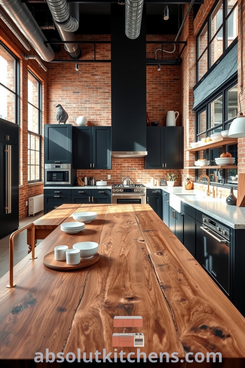 Spacious loft kitchen featuring sleek black cabinetry, rustic exposed brick walls, and a reclaimed wood island, highlighting inviting decor inspirations for creating a cozy home, ideal for culinary creativity and gatherings. Visit fireplacesandwoodstoves.com for more unique ideas.