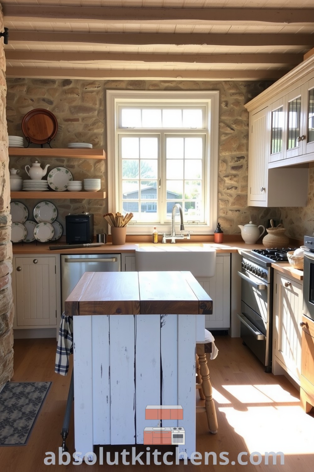 Cozy farmhouse kitchen with white-washed cabinetry, rustic stone walls, a butcher block island, mismatched ceramic dishes, and a large farmhouse sink, embodying warmth and inviting comfort. Visit absolutkitchens.com for design ideas and inspirations.