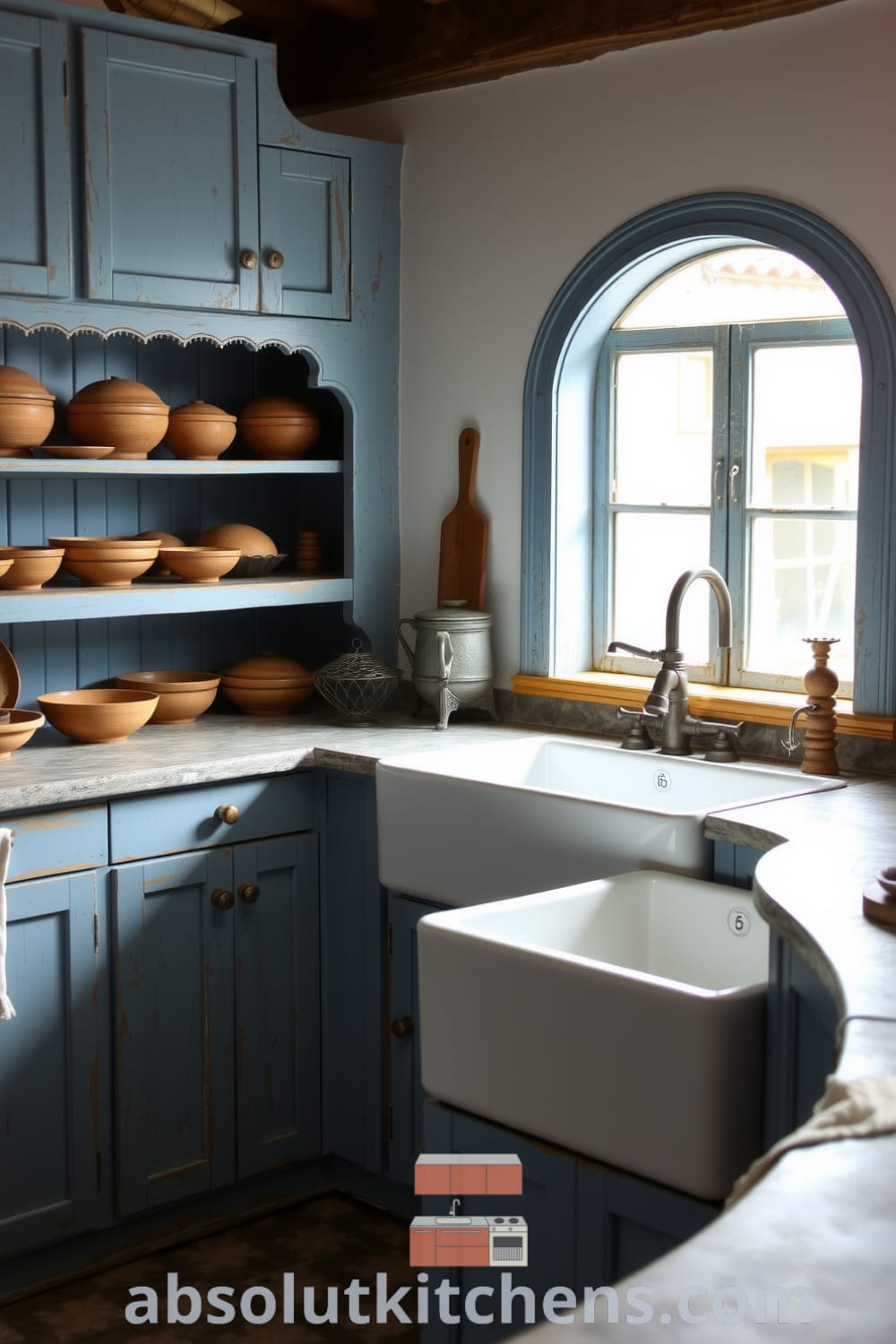 Rustic kitchen design featuring weathered wooden cabinetry, a large farmhouse sink, and sunlit stone countertops, decorated with ceramic bowls, creating a cozy home atmosphere perfect for gatherings, as featured on fireplacesandwoodstoves.com.