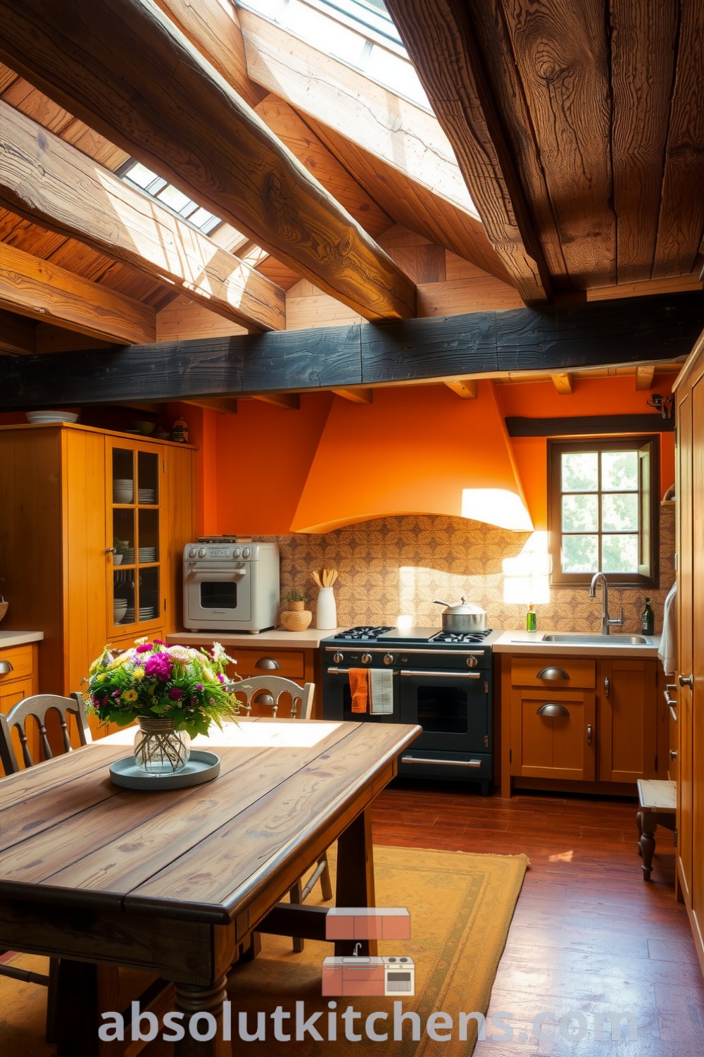 Cozy rustic kitchen featuring warm orange tones, weathered wood cabinetry, a cast iron stove, hand-painted tiles, and an old farmhouse table adorned with wildflowers, creating an inviting and comfortable atmosphere. Visit absolutkitchens.com for more design ideas.
