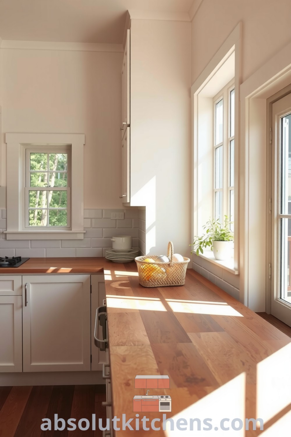 Minimalist kitchen design featuring sleek white cabinetry and reclaimed wood countertops, with abundant sunlight, fresh produce in a woven basket, and a warm inviting ambiance, showcasing cozy ideas for your home and unique decor inspirations from fireplacesandwoodstoves.com.