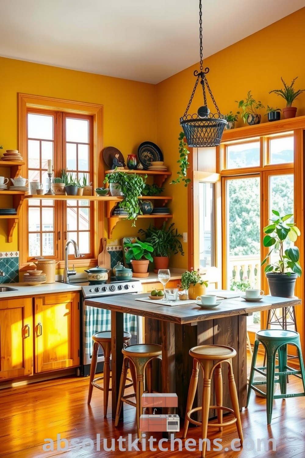 Cozy boho kitchen featuring cheerful yellow walls, oversized windows, textured wooden cabinets, and an eclectic mix of colorful ceramic dishes and plants, creating a warm and inviting atmosphere. Visit absolutkitchens.com for unique decor ideas and inspirations!