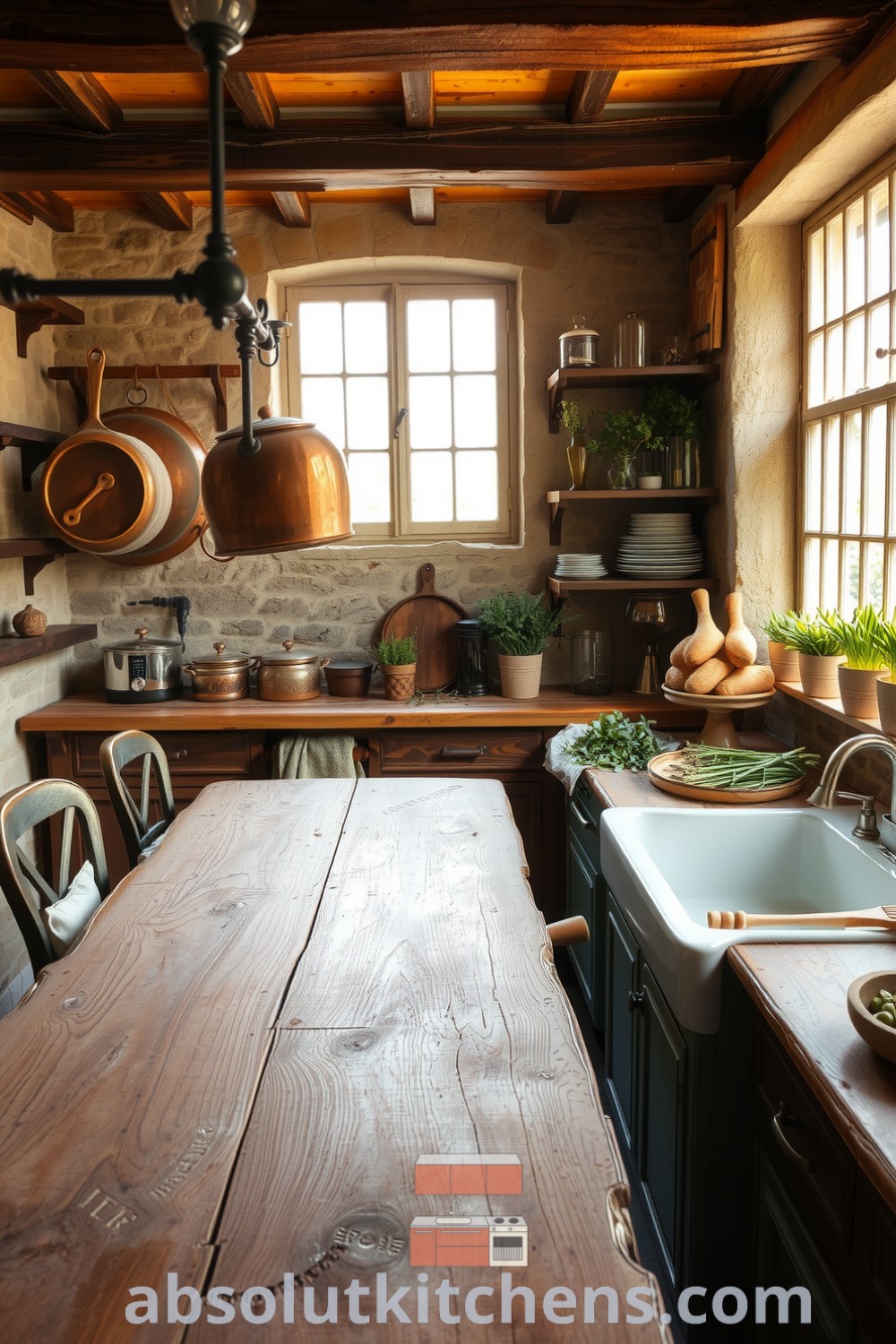 Cozy French kitchen with rustic stone walls, wooden beams, a large wooden table, copper pots, and fresh herbs, creating an inviting and nostalgic atmosphere for your home. Visit absolutkitchens.com for inspiring decor ideas.