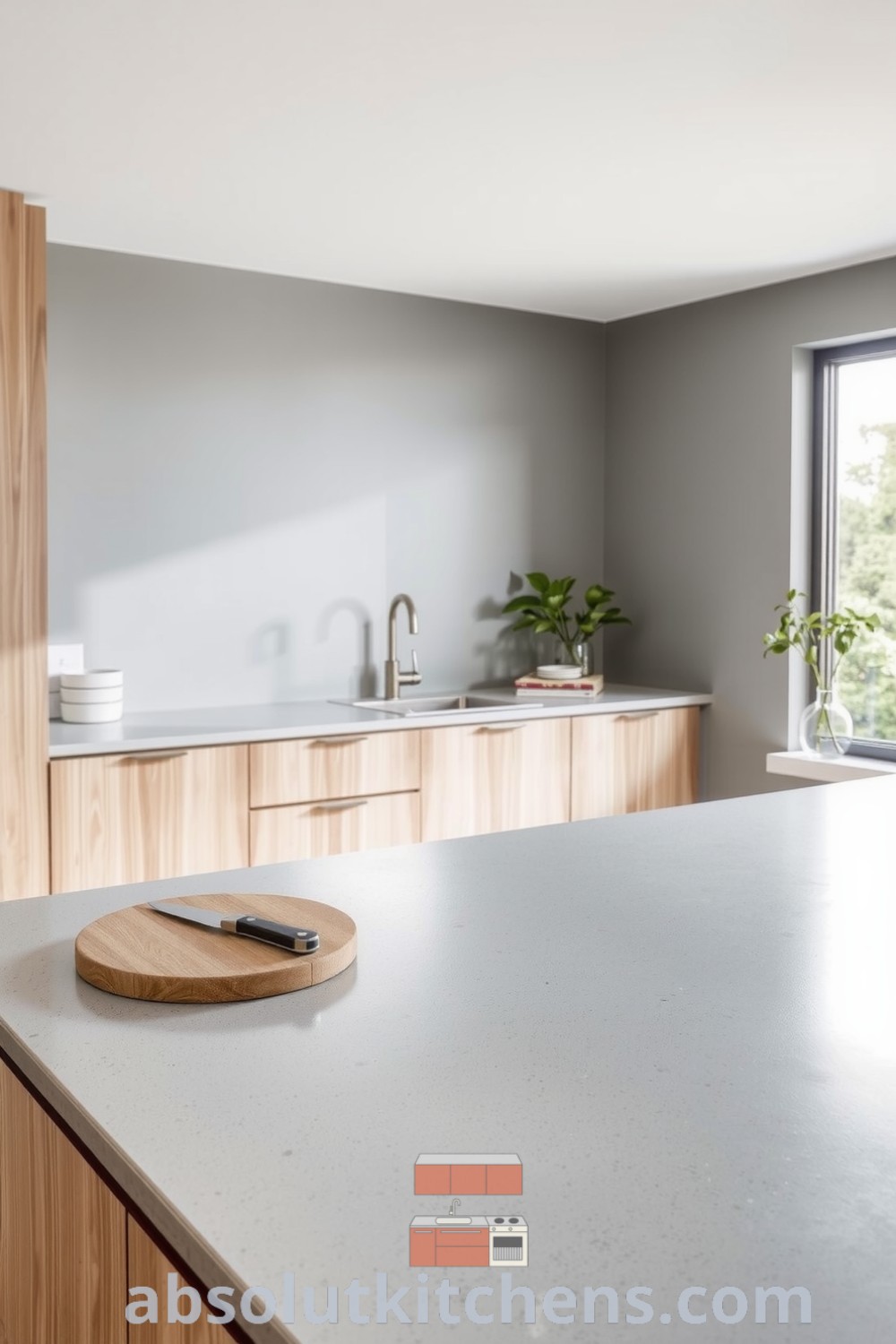 Minimalist kitchen with a soothing grey palette, smooth stone countertops, warm wooden cabinetry, and a cutting board, creating cozy ideas for your home, inspired by functional decor ideas and inviting design inspirations, featured on fireplacesandwoodstoves.com.