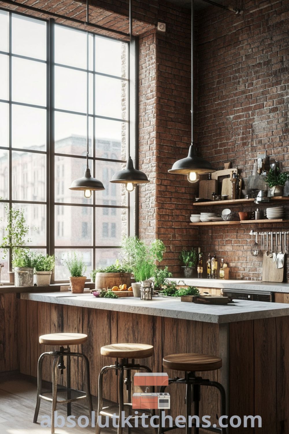 Loft kitchen aesthetic on absolutkitchens.com showcasing exposed brick walls, metal fixtures, and cozy decor ideas for small spaces with potted herbs.