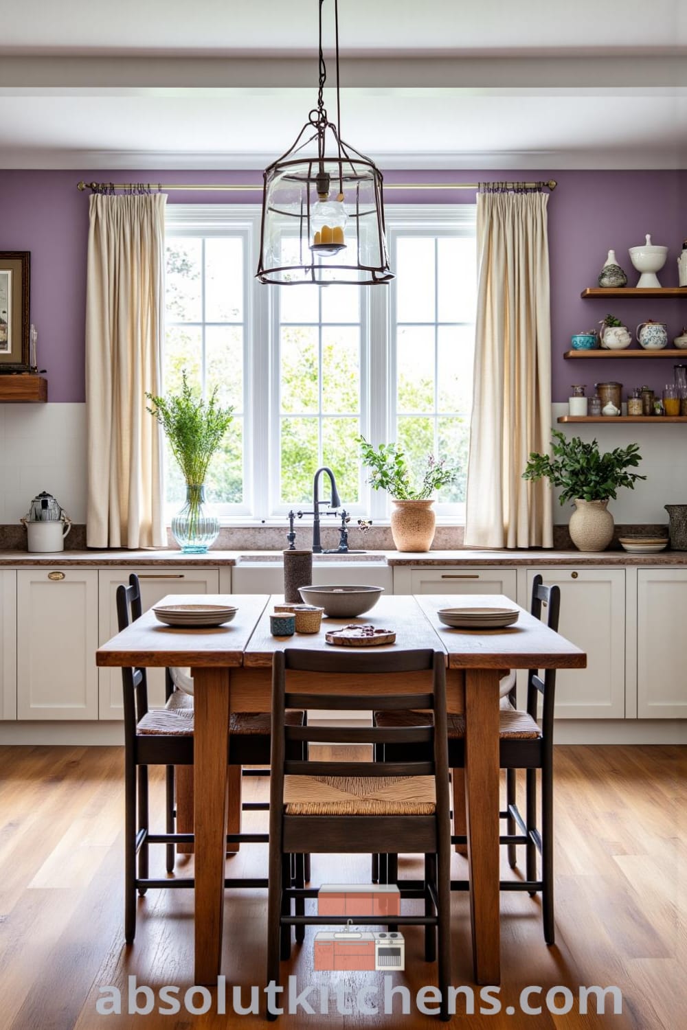 Cozy rustic kitchen featuring soft purple accents, wooden cabinets with mismatched ceramic dishes, a central heavy wooden table, and inviting chairs, creating a warm and comforting atmosphere, perfect for family meals, on fireplacesandwoodstoves.com.