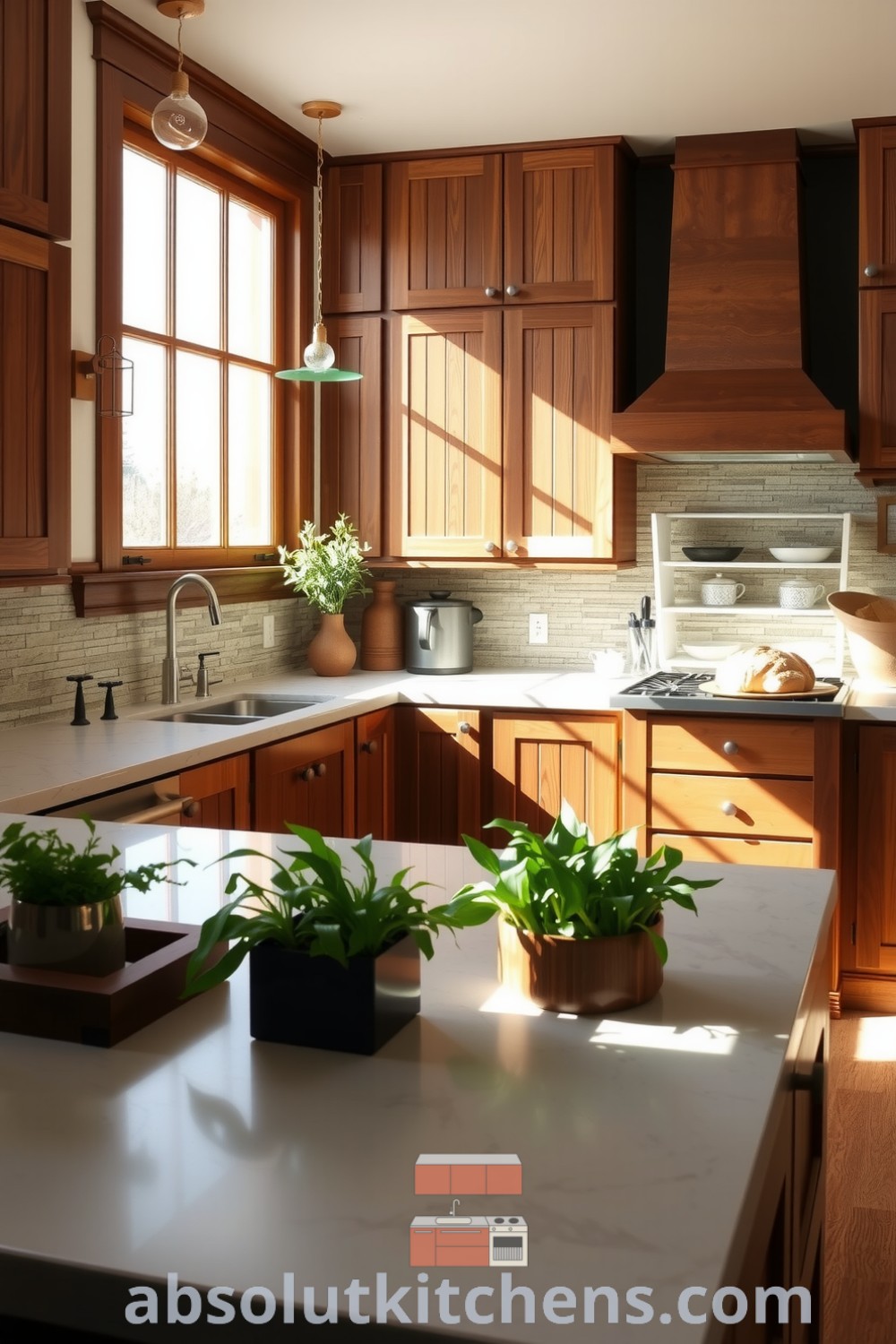 Cozy nature-inspired kitchen featuring rich wooden cabinetry, soft stone backsplash, quartz countertop, and potted herbs, creating a warm and inviting atmosphere, with sunlight streaming through large windows, making it a true heart of the home. Visit absolutkitchens.com for more cozy design ideas.