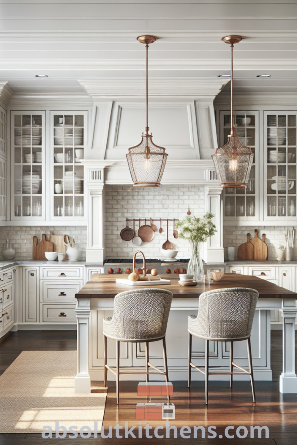 A cozy colonial style kitchen featuring a large center island, white cabinetry with glass doors, dark hardwood floors, and hanging copper pendant lights. Subtle pale blue walls and natural wood accents highlight the French Farmhouse kitchen design. Discover classic kitchen ideas that inspire functionality and charm at absolutkitchens.com.