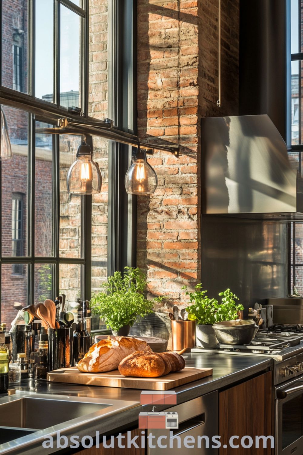 Stylish urban loft kitchen design on absolutkitchens.com featuring exposed brick walls, sleek stainless steel appliances, and cozy lighting for loft apartments and warehouse living.
