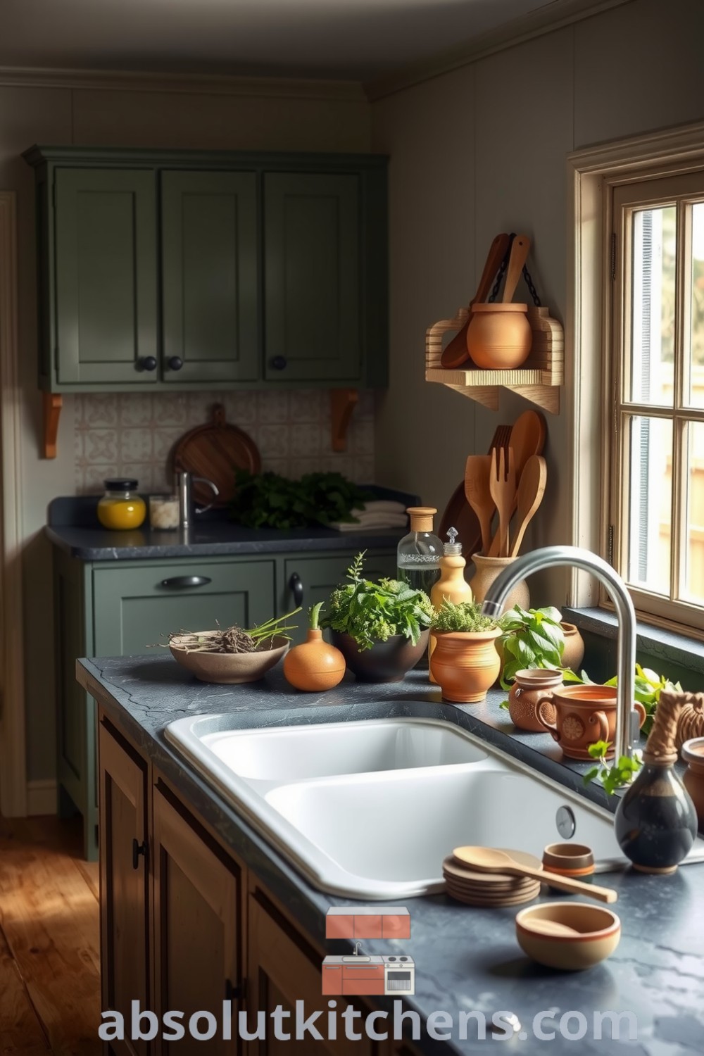 Cozy nature-inspired kitchen featuring sage-green cabinetry, rustic wood accents, dark stone countertops with terracotta pots of herbs, and a farmhouse sink, perfect for those seeking cozy decor ideas for their home. Visit absolutkitchens.com for inspiring design tips.