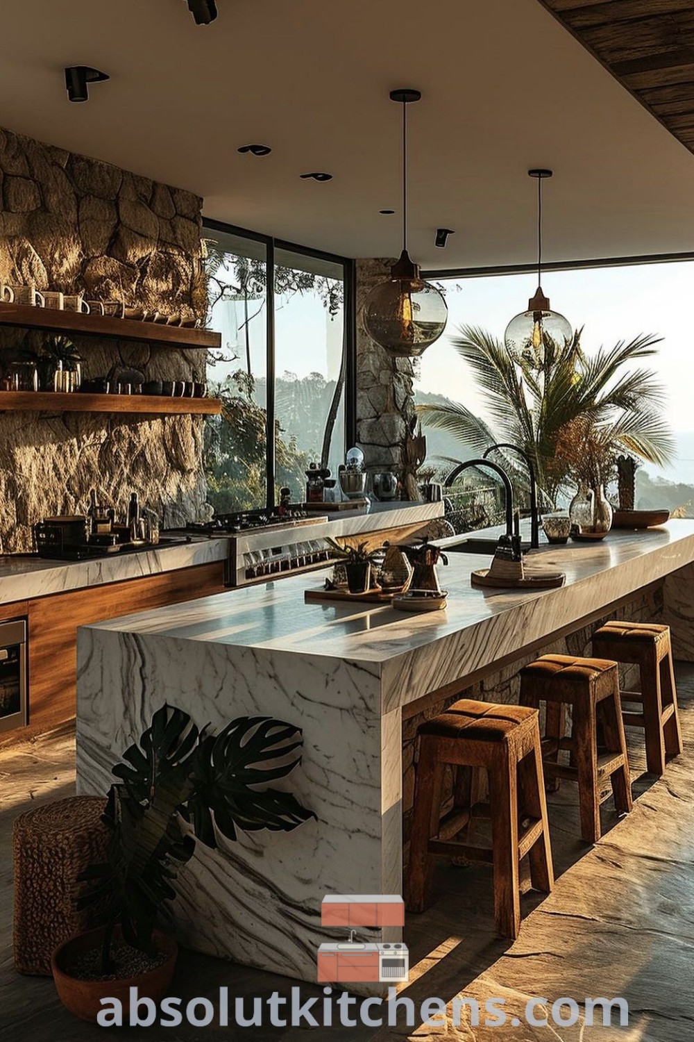 A large kitchen with an island counter and stools in front of windows overlooking the ocean, designed in a Bali Style Home aesthetic. This tropical kitchen showcases practical design trends and decor ideas for house interiors, integrating a cozy aesthetic with inspiring decor elements. Explore more at absolutkitchens.com.