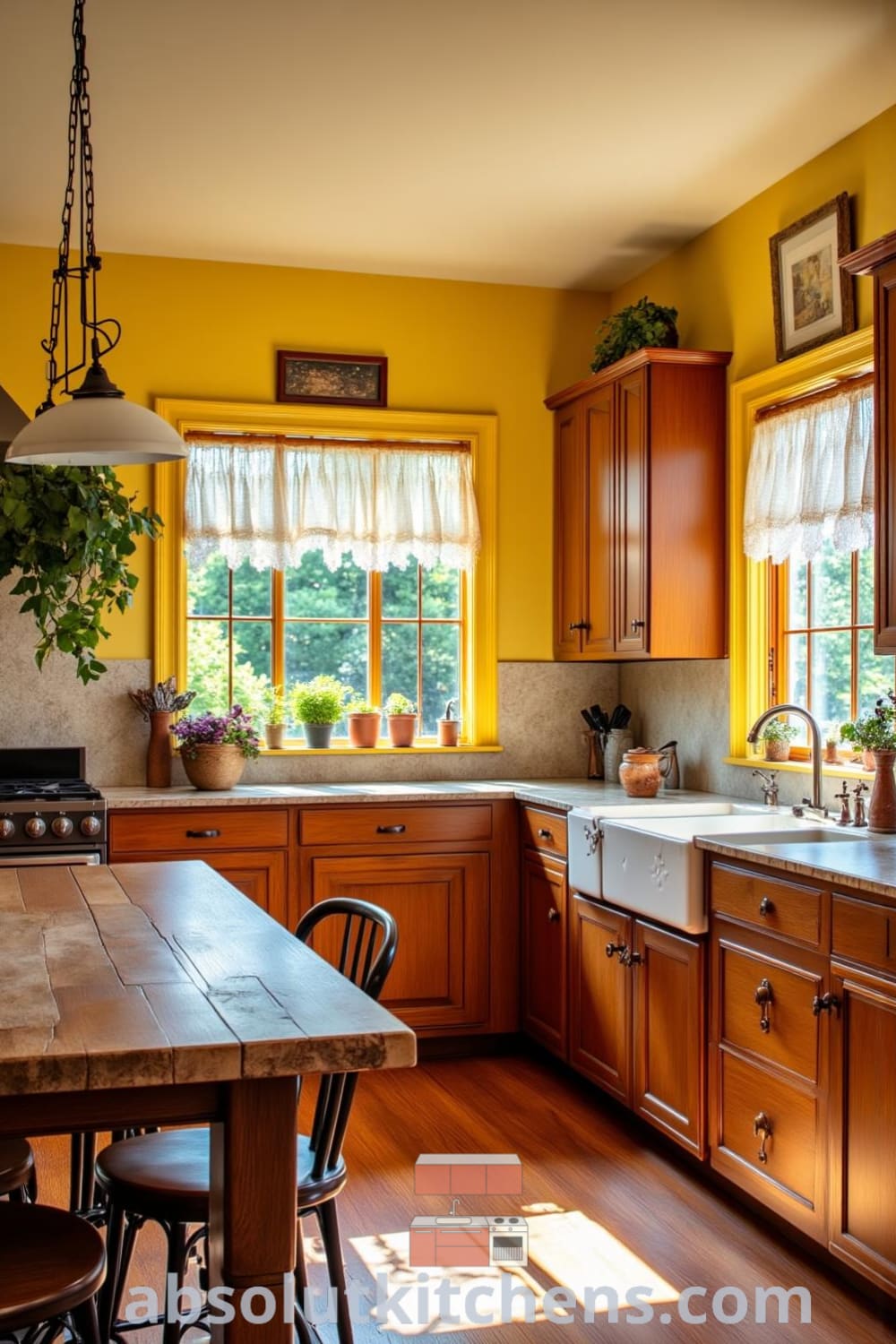 Rustic kitchen with warm yellow walls, wooden cabinets, a farmhouse sink, and an aged dining table illuminated by sunlight, providing cozy home design ideas and inspirations at fireplacesandwoodstoves.com.