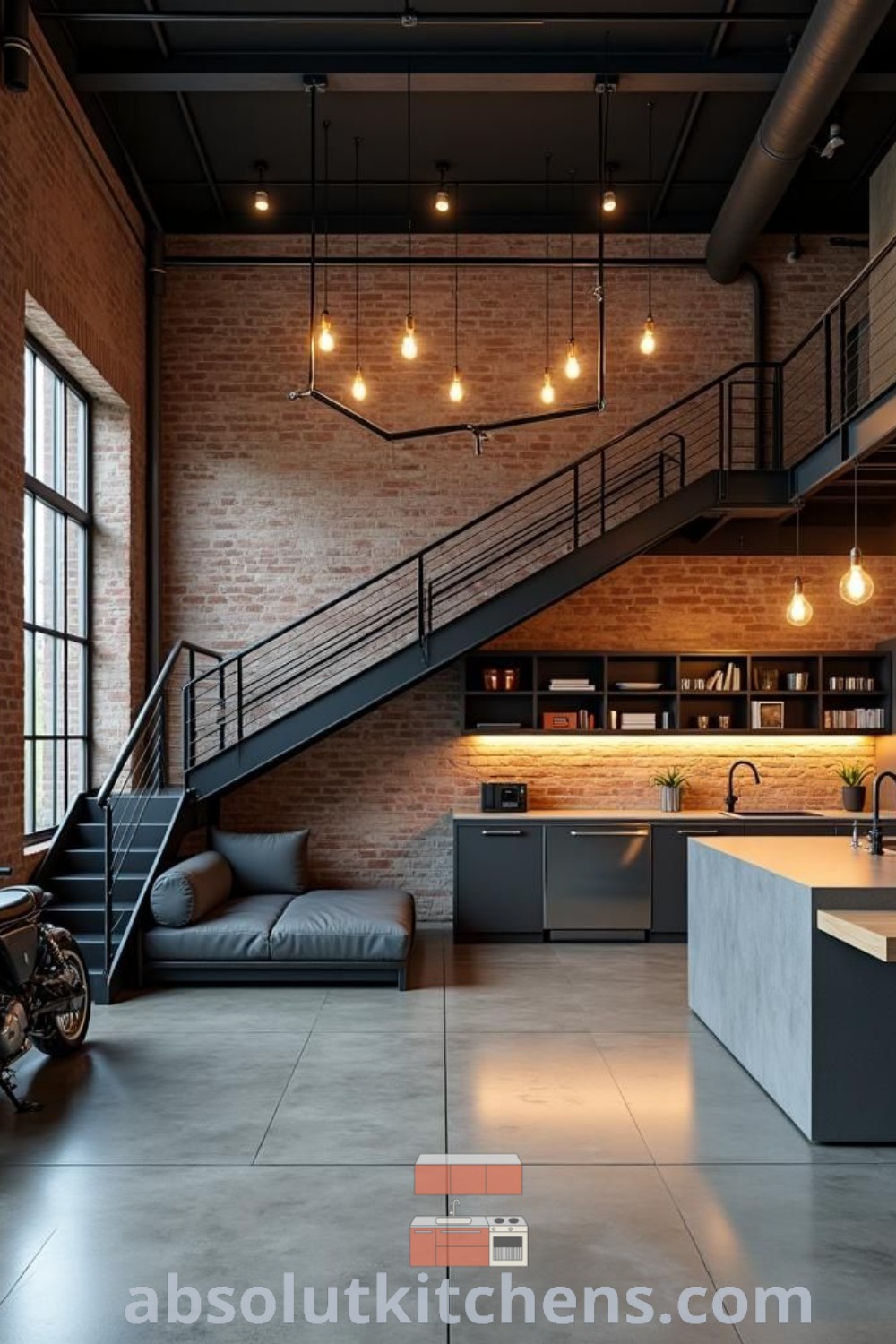 An industrial style kitchen and living room showcasing a blend of rustic and modern elements, featuring exposed brick, contemporary furnishings, and design ideas suitable for a cozy home. This inspiring space is perfect for those interested in brick loft apartments and unique decor inspirations. Discover more ideas at wellnesswink.com.