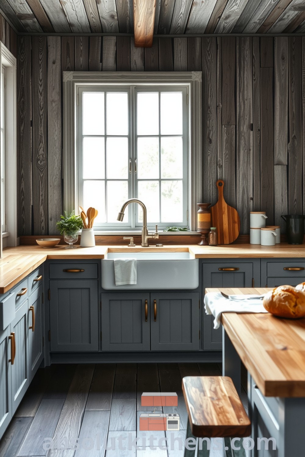 Cozy rustic kitchen featuring weathered wooden walls, a farmhouse sink, butcher block countertops, and an inviting wooden table, perfect for family gatherings, on absolutkitchens.com.