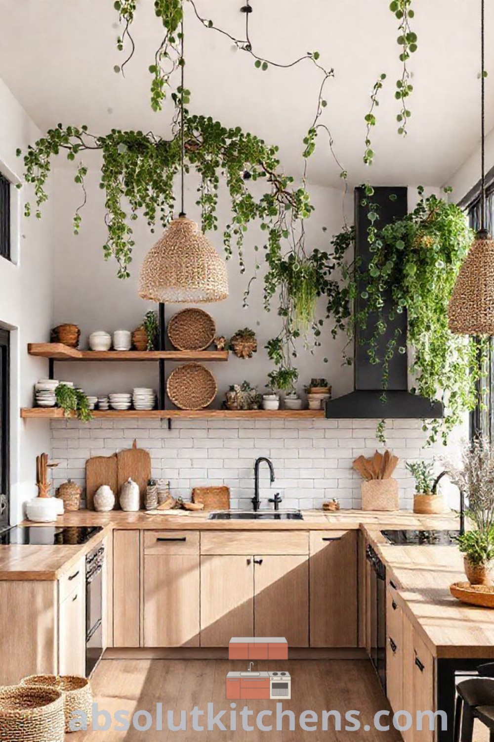 A stylish bohemian kitchen featuring wooden cabinets and plants hanging from the ceiling, exemplifying nature kitchen design and modern boho kitchen ideas. This cozy aesthetic provides inspiring decor ideas for small spaces, showcasing the latest design trends. Find more ideas you need to see for house or apartment at absolutkitchens.com.