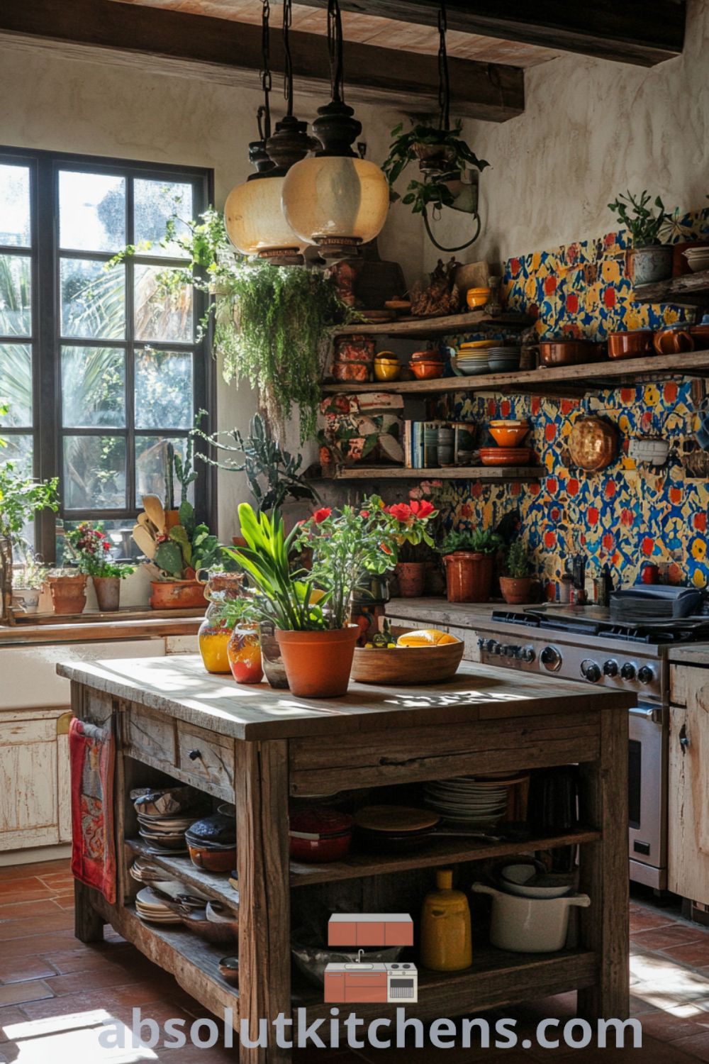 Cozy Bohemian Kitchen design on absolutkitchens.com showcasing rustic wooden cabinets, vibrant kitchen decor, and inspiring kitchen organization ideas for small spaces.