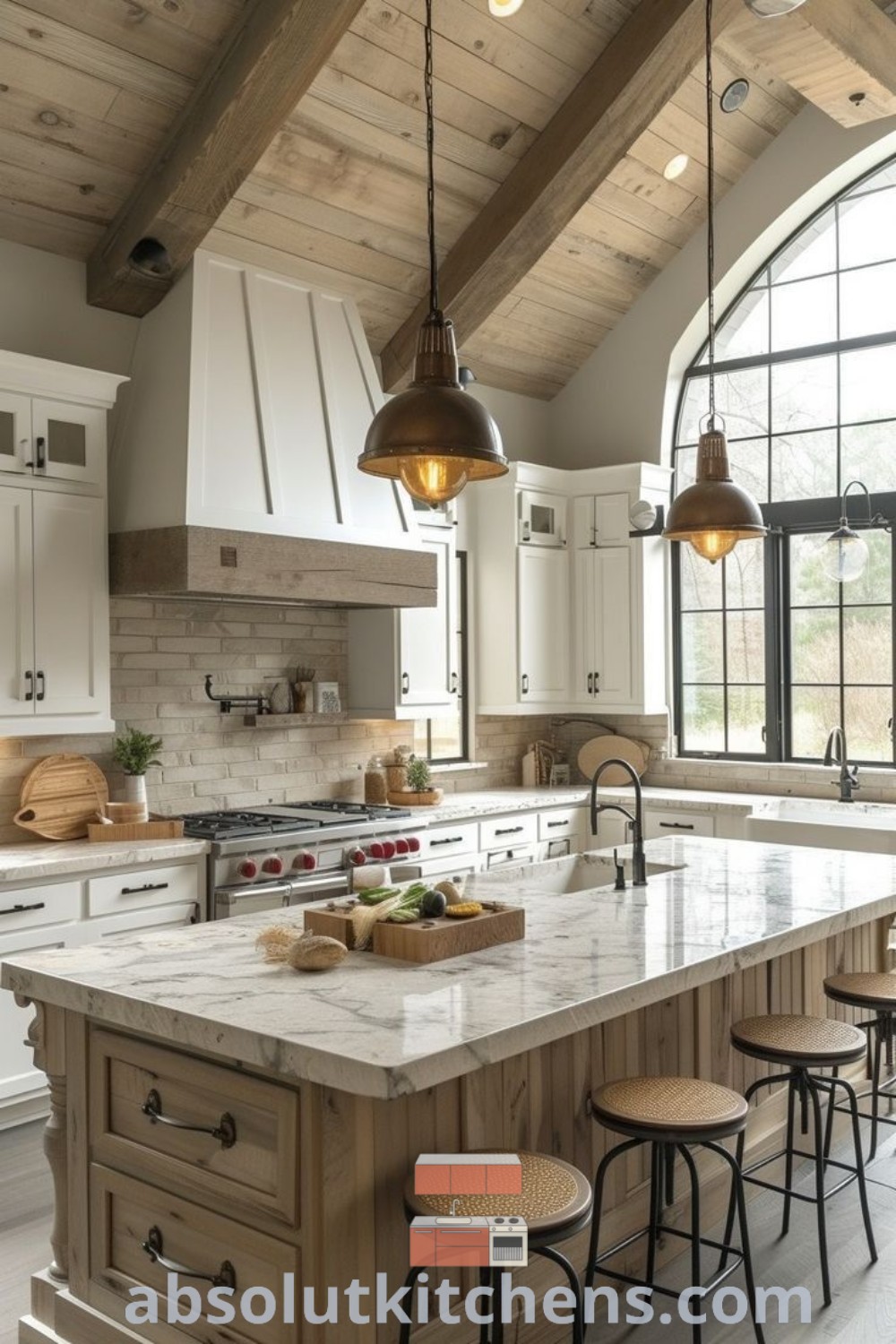 A large farmhouse kitchen with an island sink and numerous stools, showcasing a cozy aesthetic that highlights modern farmhouse designs. This inspiring kitchen offers practical decorating ideas, featuring farmhouse shelves and a functional pantry dining room, perfect for all home styles. Discover more decor ideas at absolutkitchens.com.