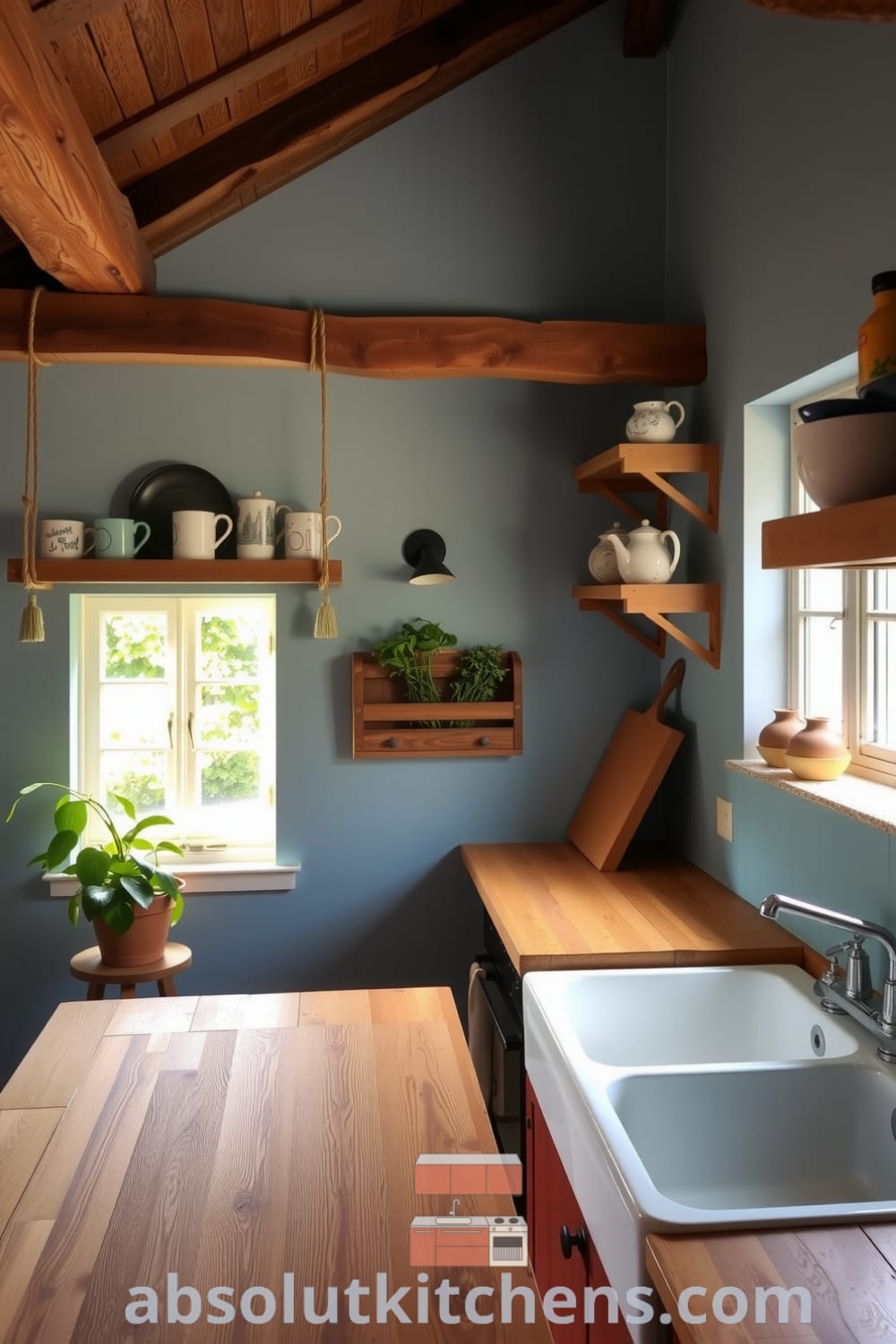 Rustic kitchen with soft blue walls, aged wooden beams, a butcher block countertop, and mismatched ceramic mugs, capturing cozy ideas and decor inspirations for your home, showcasing inspiring design ideas from fireplacesandwoodstoves.com.